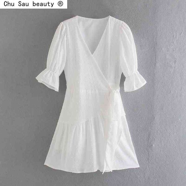 

summer chic v-neck solid color flocking polka dot puff sleeve pleated lace-up mini cotton dress female vestido 210508, Black;gray