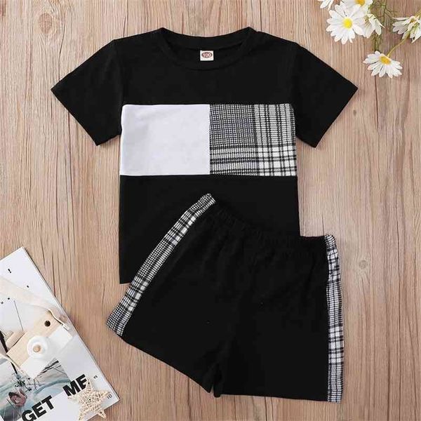 

summer children sets short sleeve o neck patchwork t-shirt black shorts cute girls boys clothes set 1-8t 210326, White