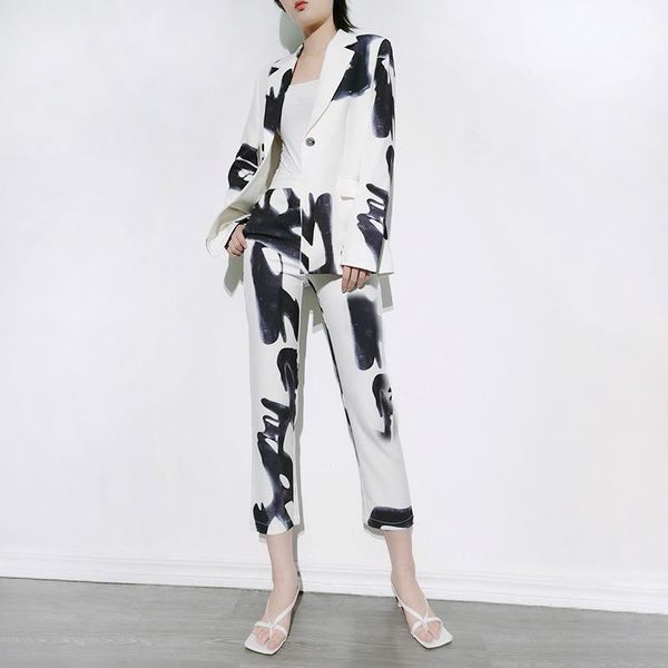 

women's two piece pants runway white suit double breasted jacket blazer slim straight abstract art dyeing
