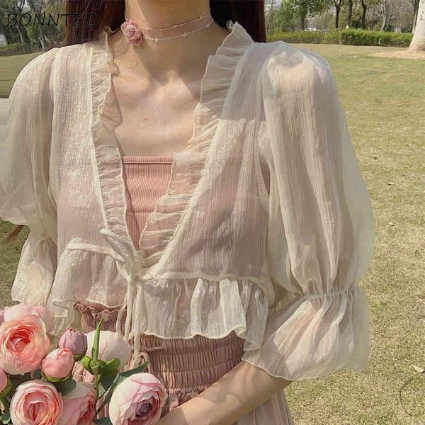 

blouses women solid v-neck three quarter sleeve chiffon loose all-match korean style elegant lady shirts summer stylish cropped x0521, White