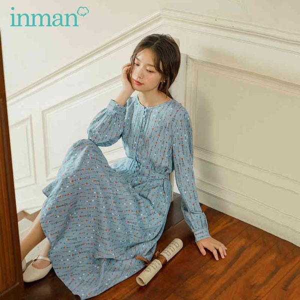 

dress spring autumn bow-tied lace-up floral round neck prairie chic long sleeve dress ez0i, Black;gray