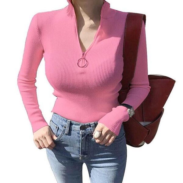 

women's sweaters women autumn bottom shirts short high collar slim fit zipper long sleeves pullover yaa99, White;black