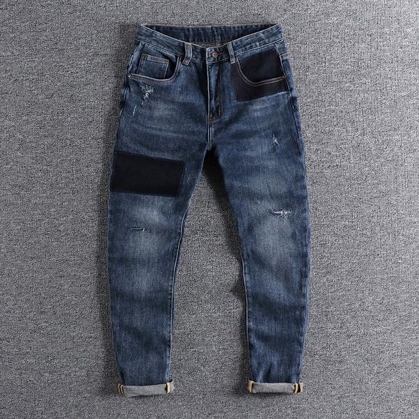 

arrival contrast patch cat's whisker jeans men's four seasons versatile youth slim pants trouser 0908, Blue