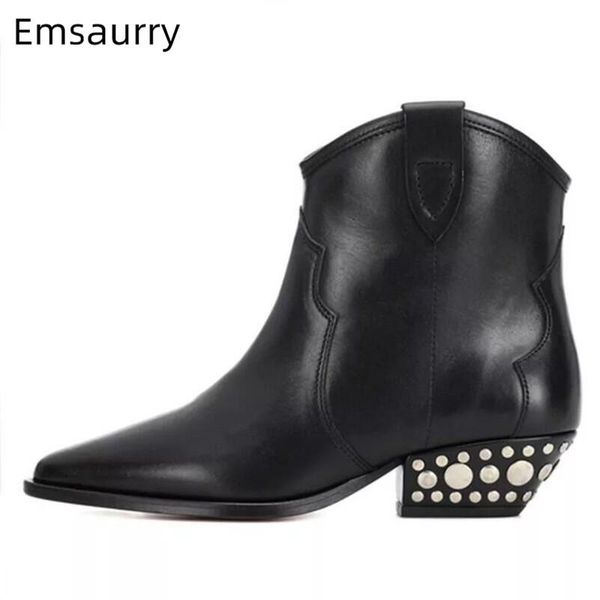 

boots black genuine leather ankle women med square heel rivet decor point toe slip-on botas patchwork autumn winter booties