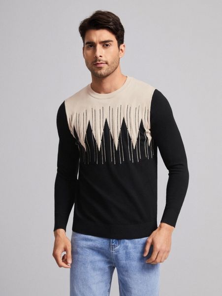 

men striped & chevron pattern colorblock sweater y9ua#, White;black