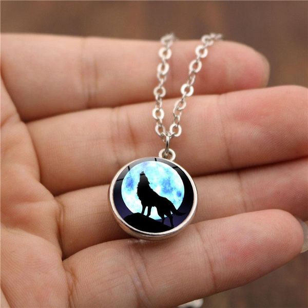 

pendant necklaces wg 1pc howling wolf moon double sided glass pattern time gem&stone necklace metal cabochon jewelry, Silver