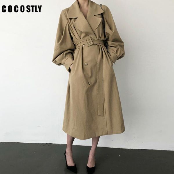

women's trench coats windbreaker women coat belt waist autumn double breated oversize long lady streetwear korean outwear ropa mujer, Tan;black