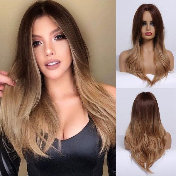 

brown ombre women medium length wigs middle part natural wavy synthetic hair afro heat resistant cosplay wig1, Black