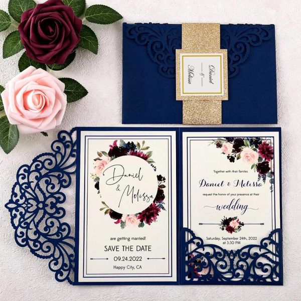 

greeting cards 50pcs blue laser cut hollow wedding invitations with gold glitter belly band for