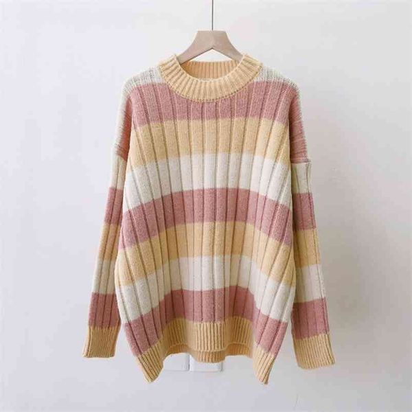 

pull femme nouveaute colorful striped pull jumpers oneck flare sleeve pink femme chic winter clothes women 210430, White;black