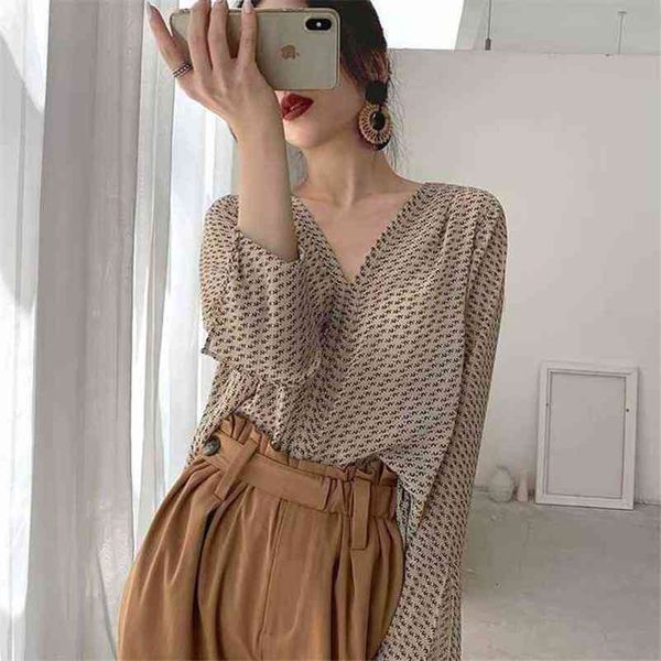 

v neck long sleeve vintage blouse women printed loose pullover fashion retro shirts blusas mujer 210519, White