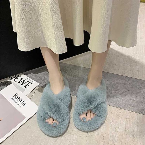 

chic street trend cross winter ladies fur slippers open toe solid plush girls shoes home women fluffy slides 211023, Black