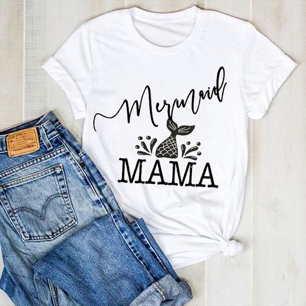 

mermaid cute cartoon print womens printed summer tee clothes graphic, White