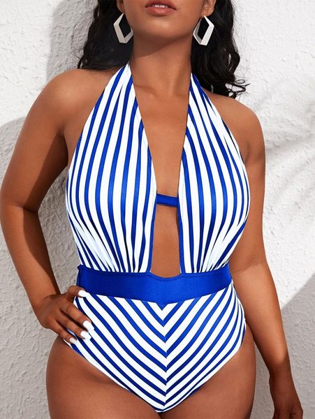 

plus striped halter one piece swimsuit b627#, Black