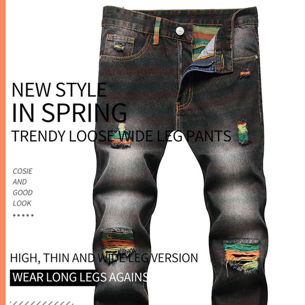 

mens designer jeans distressed ripped straight tube loose for men s fashion mans black pants, Blue