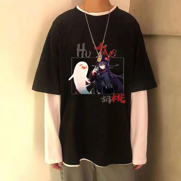 

men's t-shirts anime genshin impact hu tao graphics print t shirts men women casual loose t-shirt short sleeve oversized eu size tees, White;black