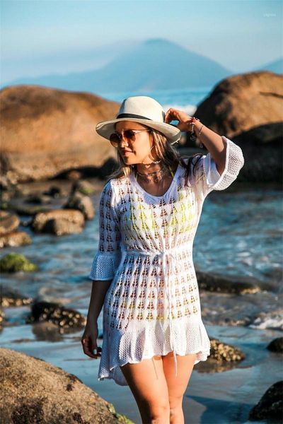 

h80&s90 women beach dress crochet transparent swimwear female long sleeve knit cover up beachwear clothes women's, White;black