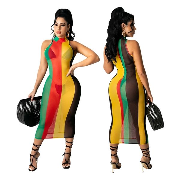 

raiow print women mesh 2021 summer sleeveless turtleneck slimming waist lady bodycon ankle length es est, Black;gray