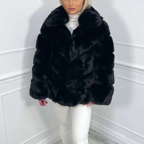 

women's fur & faux berry fashion winter thick coats women elegant loose solid jackets turn down collar ladies, Black