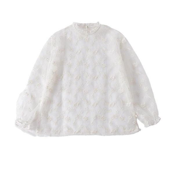 

women's t-shirt summer style jacquard translucent long-sleeved fashion mesh, White