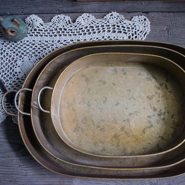 

oval antique iron serving tray breakfast bread cake basket fruit nuts snack plate metal storage sundries kitchen & organization