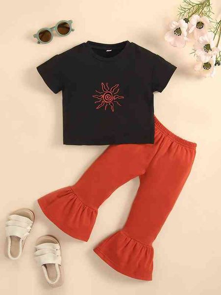 

baby sun print tee & flare leg pants she, Blue
