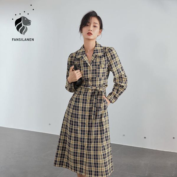 

elegant plaid long shirt dress women sleeve belt office ladyvintage female casual streetwear spring dresses, Black;gray