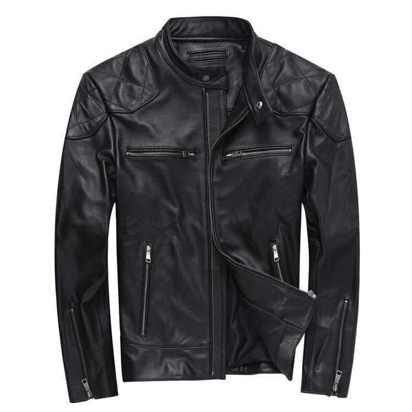 

men's jackets biker man's chic slim firt stand collar real leather coat d707a, Black;brown