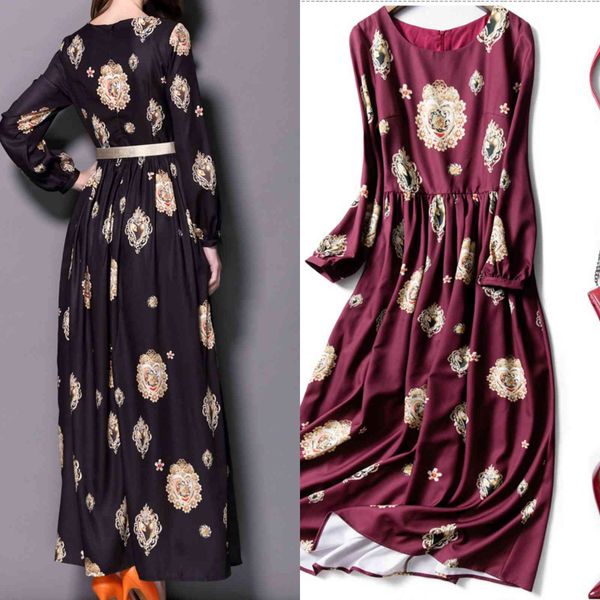 

runway dresses europe and the united states show latest long-sleeved slim fashion print holiday dress azfl, Black