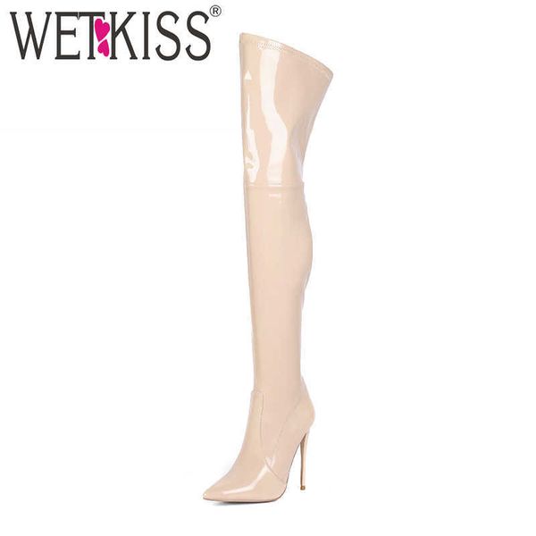 

wetkiss patent pu boots women over the knee boot female party high heels shoes ladies pointed toe shoes winter plus size 45 210630, Black