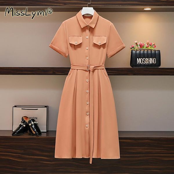 

plus size dresses 4xl women solid color elegant shirt dress summer 2021 short sleeve single-breasted loose casual ladies midi, Black