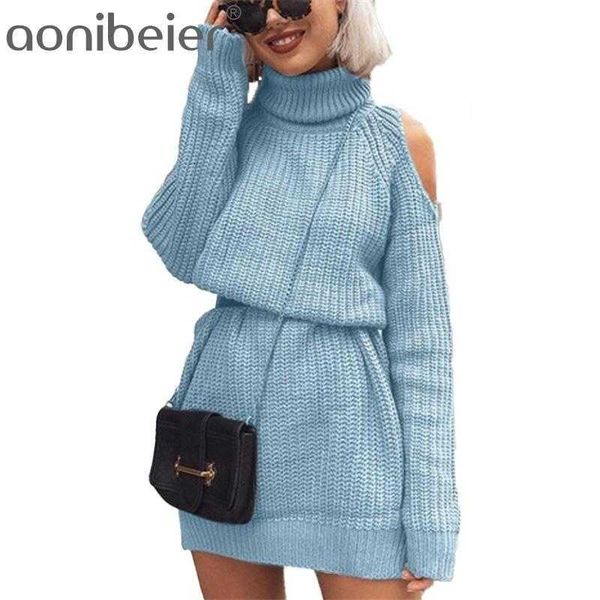 

aonobeier off shoulder long sweater women turtleneck autumn winter sleeve ladies pullovers casual loose jumper 210604, White;black