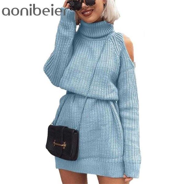 Aonobeier Off Schulter Lange Pullover Frauen Rollkragen Herbst Winter Hülse Damen Pullover Casual Lose Jumper 210604