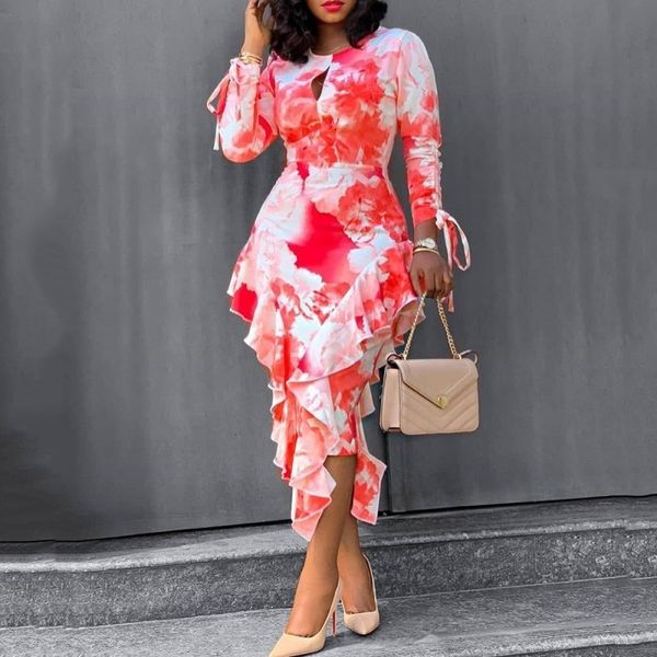 

dresses falbala round neck boho floral printed dress slim spring cut out ruffles women party office midi vestidos xxl, Black;gray