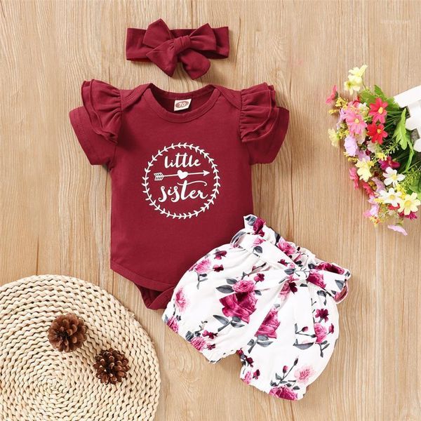 

clothing sets born infant baby girl short sleeve little sister romper + floral pattern pants bow headband outfits clothes set1, White