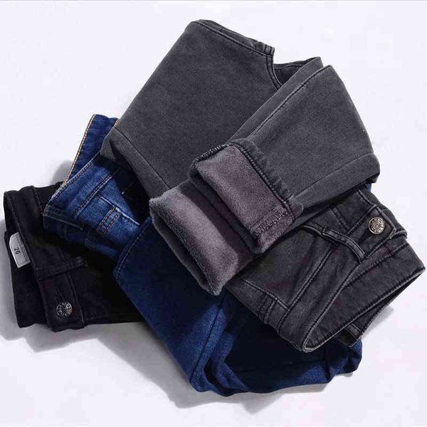 Streetwear preto espessamento veludo cintura alta calça jeans morno para as mulheres inverno calças quentes de denim jean calças femininas 211129