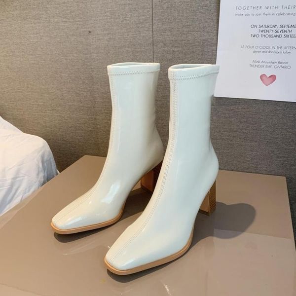 

boots women mid calf 2021 fashion high heeled black winter warm plush white