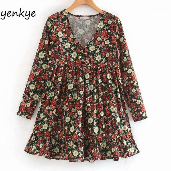 

casual dresses summer dress women multicolor floral print female v neck long sleeve high waist pleated mini short xnwm9214, Black;gray