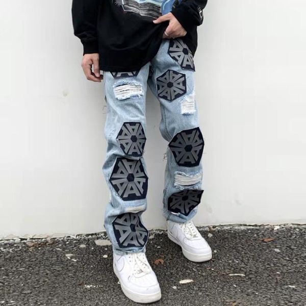 

men's jeans harajuku geometrical letter hole ripped pants for men and women straight high street distressed retrocasual denim trousers, Blue