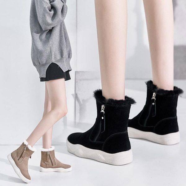 

boots 2021 autumn winter genuine leather korean style thermal plus cotton leisure all-matching students flat snow, Black
