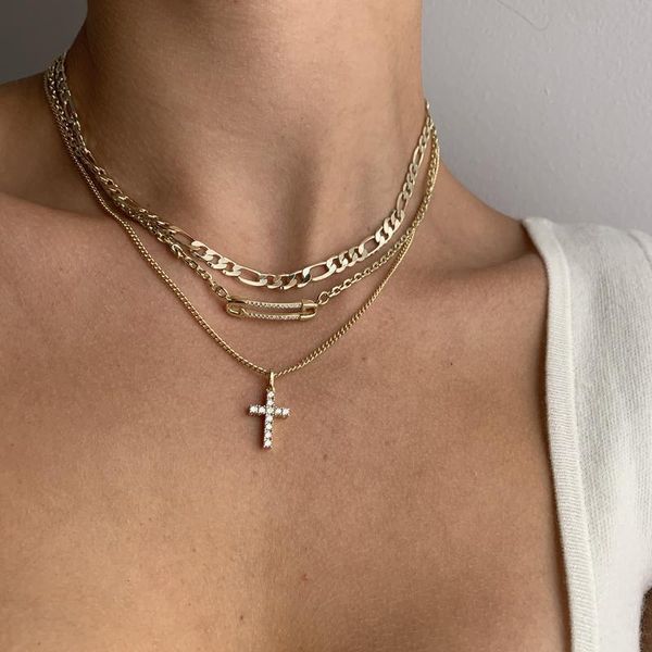 

chains 3pcs/set fashion simple personality all-match paperclip cross necklace for women clavicle chain charm gold choker jewelry gifts, Silver