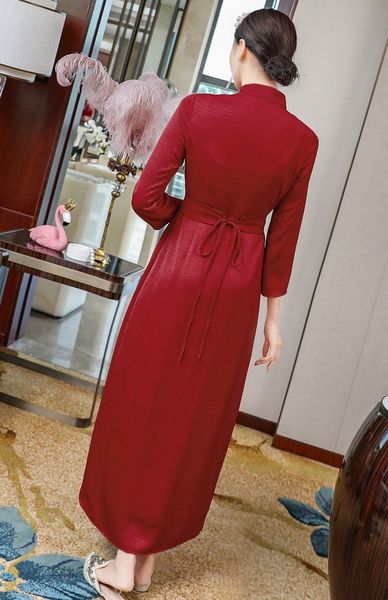 

dresses luxury embroidery autumn fashionable women gradient color print patchwork long sleeve mid-calf vintage wine red, Black;gray