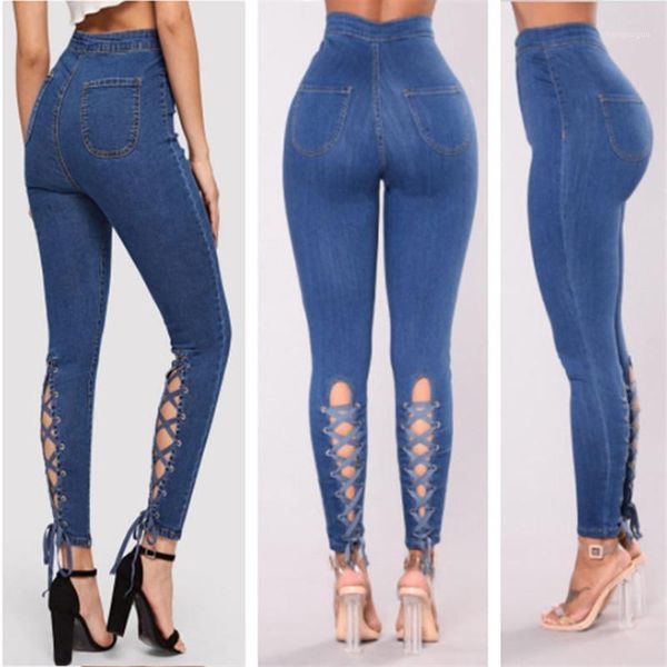 

women's jeans 2021 s high waist fashion bandage stretch denim skinny pencil pants s-xl drop, Blue