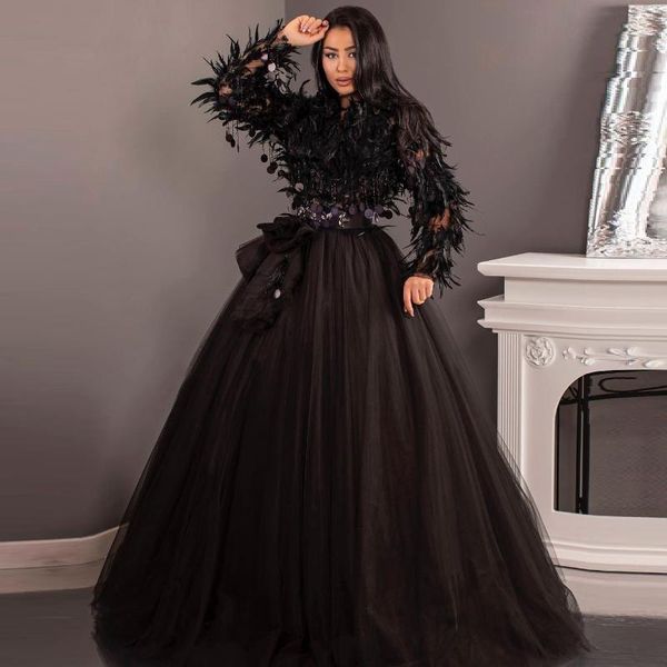 

party dresses arrival black luxury feathers prom long sleeves tulle ball gown women evening elegant night gowns custom made, White;black
