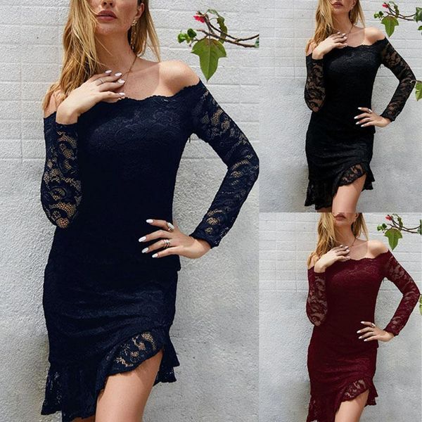 

casual dresses women lady long sleeve lace solid color slim off shoulder fashion dress for party -opk, Black;gray
