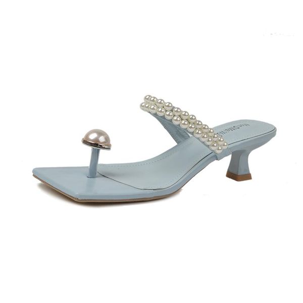 

high heel flip flops women square toe fashion house shoes woman 2021 summer chunky heels slippers beaded decoration slides, Black