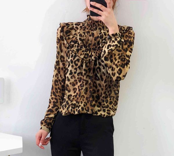 

shirt women ruffled leopard print stand collar loose 977o, White