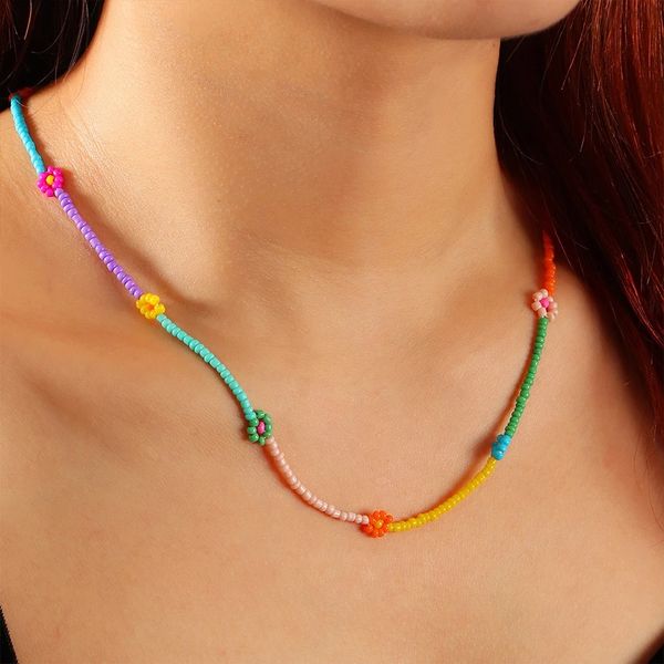 

2021 handmade chic lovely flowers colorful beadeds charm statement short necklace for women bohemia choker clavicle jewelry, Golden;silver