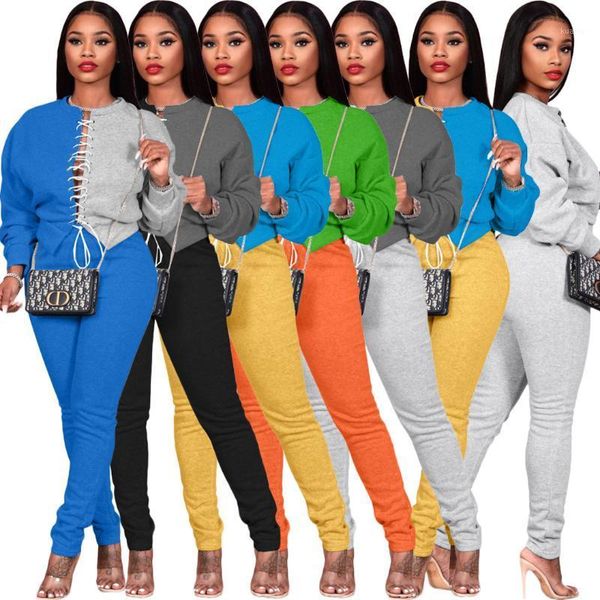 

women's two piece pants donsignet fashion suit casual round neck pullover stitching color bandage sweater two-piece, White