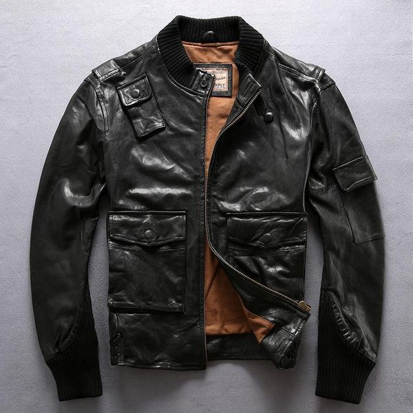 

men's leather & faux 2022 fashion baseball jacket men stand collar genuine with pockets flight moto biker male, Black